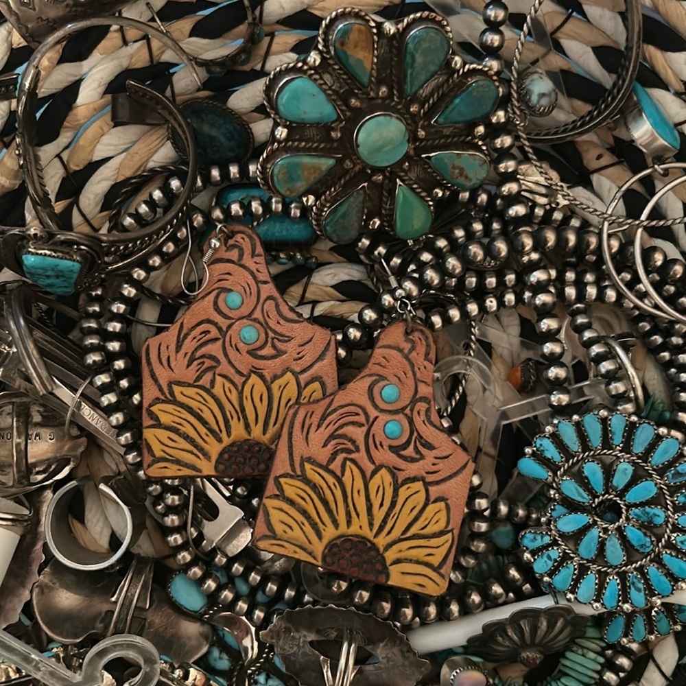 Cow tag leather and turquoise earrings
